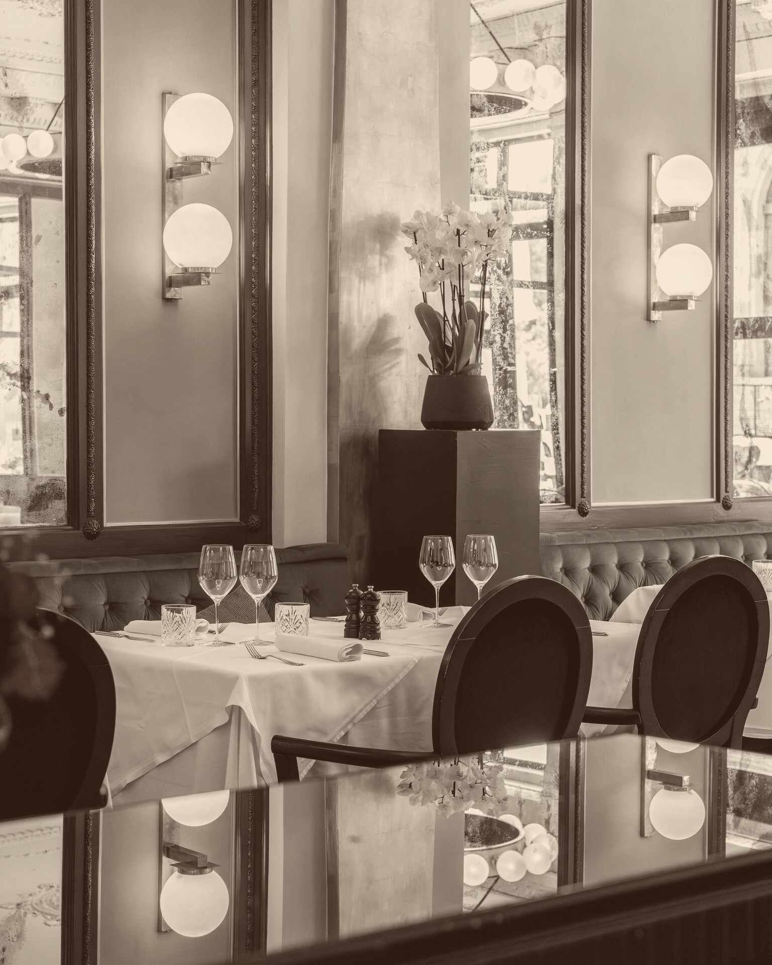 Historic dining room and mirrors at Café Lyrique Geneva